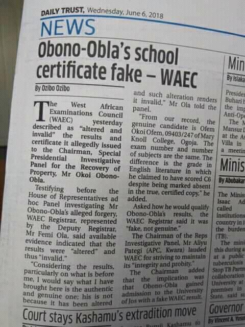 Obono-Obla's school certificate is fake